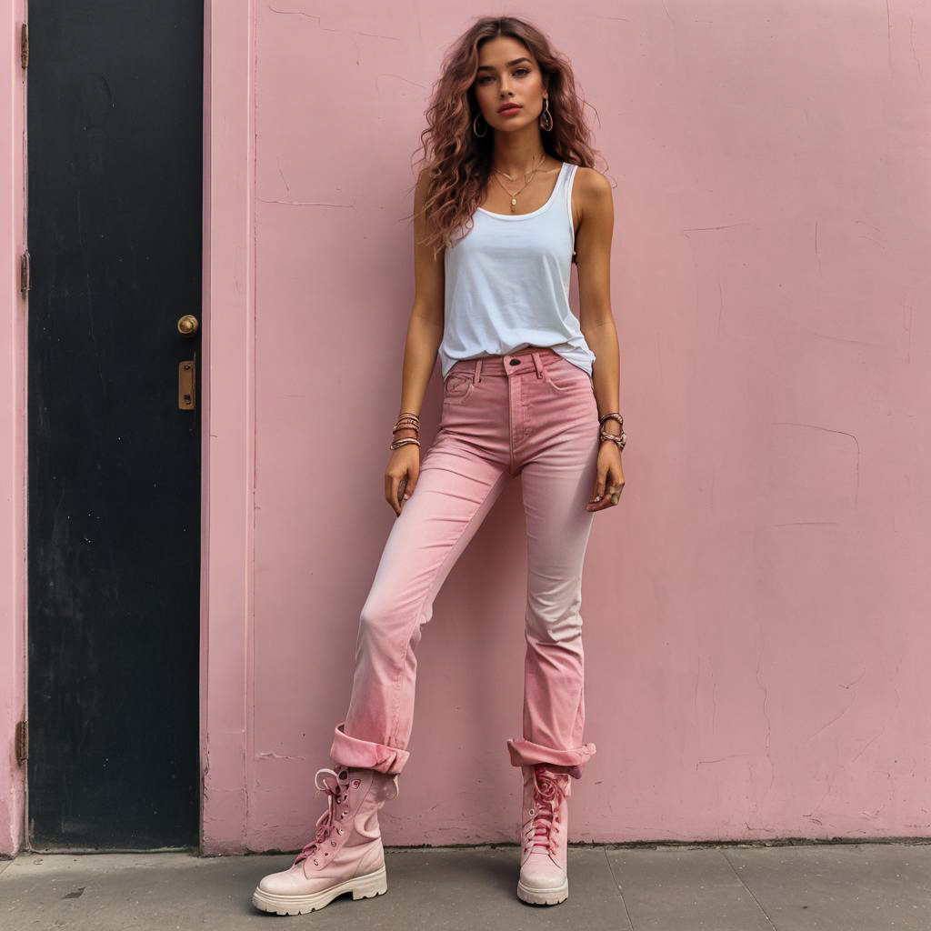 Stylish Woman in Pink Ombre Jeans and Boots Against Pink Wall