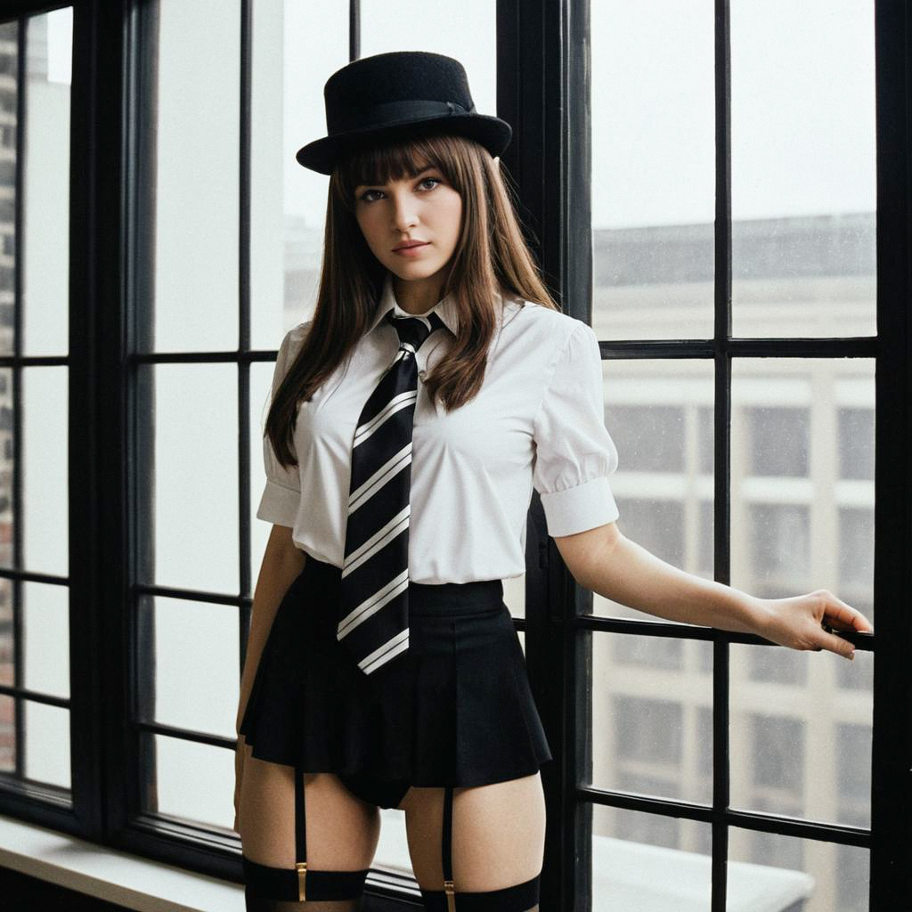 Confident Woman in Stylish Black Tie Outfit by Window Confident Woman in Stylish Black Tie Outfit by Window