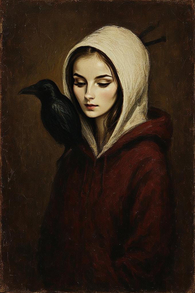 Young Woman with Crow in Hooded Garment Young Woman with Crow in Hooded Garment