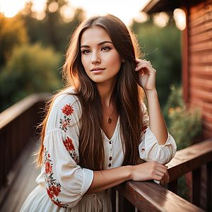 Young Woman in Floral Embroidered Blouse Leaning on Wooden Railing in Warm Sunset Light