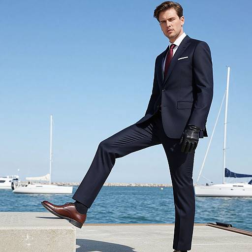 Confident Man in Navy Blue Suit by Marina with Sailboats