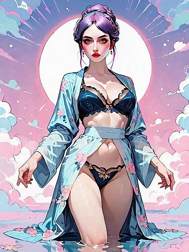 Dark Fantasy Digital Artwork of Woman in Lingerie and Floral Robe at Night