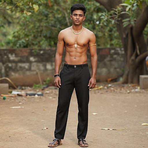 Confident Young Man Wearing Traditional Gold Jewelry and Black Trousers Outdoors