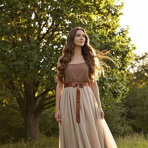 Woman in Flowing Dress Standing in Sunlit Natural Setting