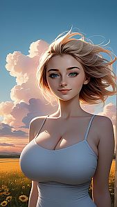 Digital Portrait of Woman in Sunflower Field at Sunset