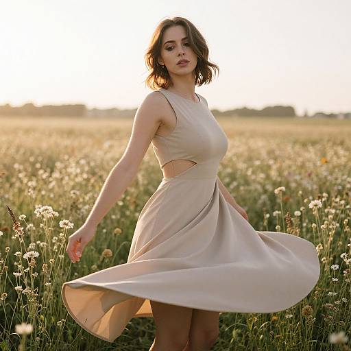 Young Woman Twirling in Beige Dress in Wildflower Field