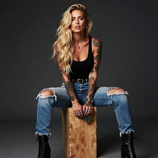 Blonde Woman with Tattoos Wearing Ripped Jeans and Black Tank Top