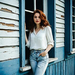 Red-haired Woman by Rustic Window
