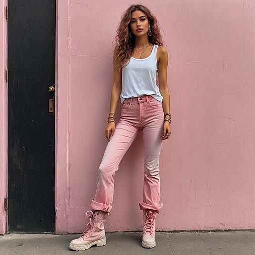 Stylish Woman in Pink Ombre Jeans and Boots Against Pink Wall