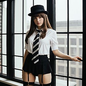 Confident Woman in Stylish Black Tie Outfit by Window