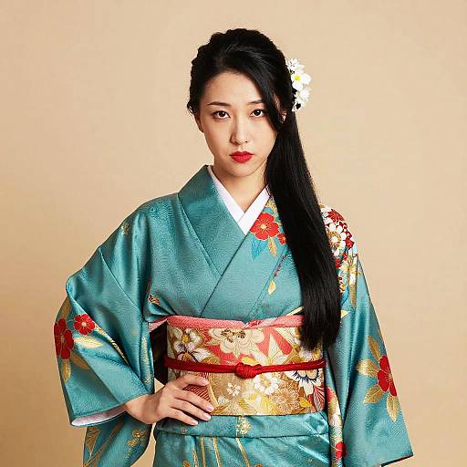 Confident Woman in Traditional Floral Teal Kimono with Hair Flowers