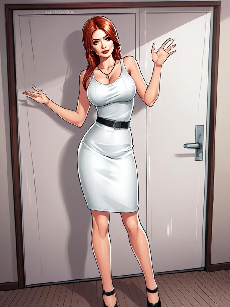 Confident Woman in White Dress Standing by Door Digital Illustration