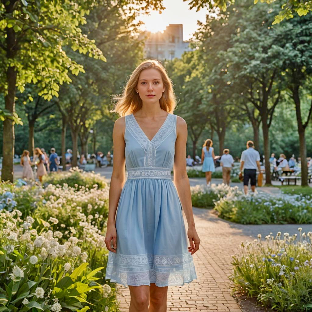 Young Woman in Light Blue Dress in Spring Park