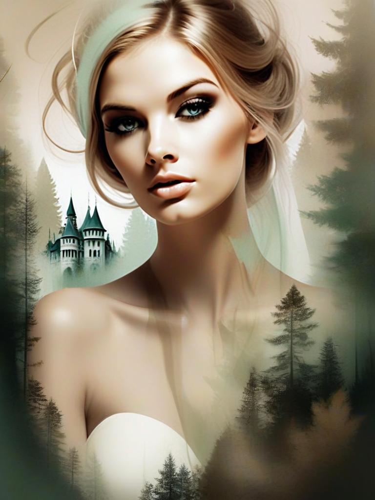 Ethereal Woman in Dreamy Landscape with Mystical Castle
