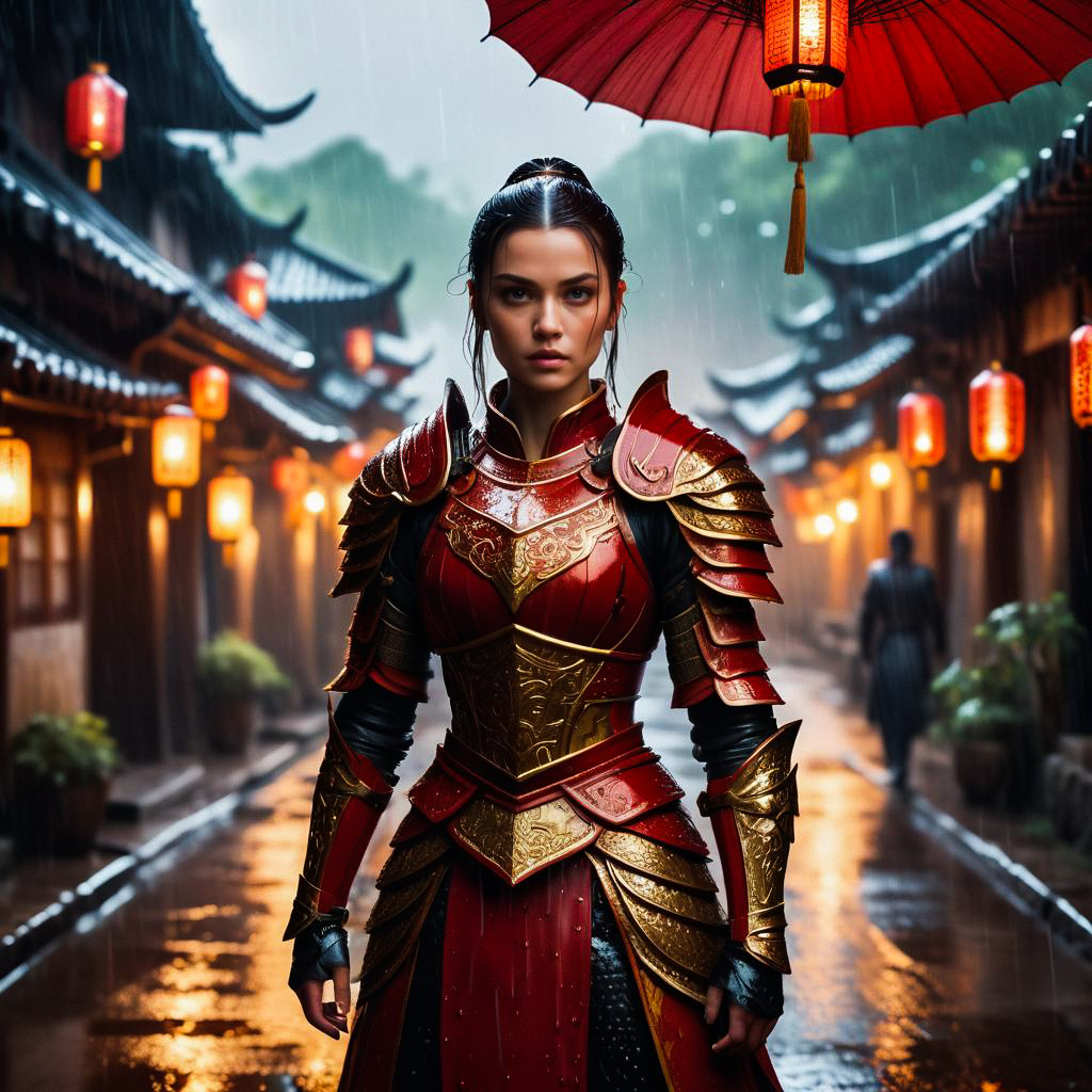 Woman in Red and Gold Armor on Rainy Street