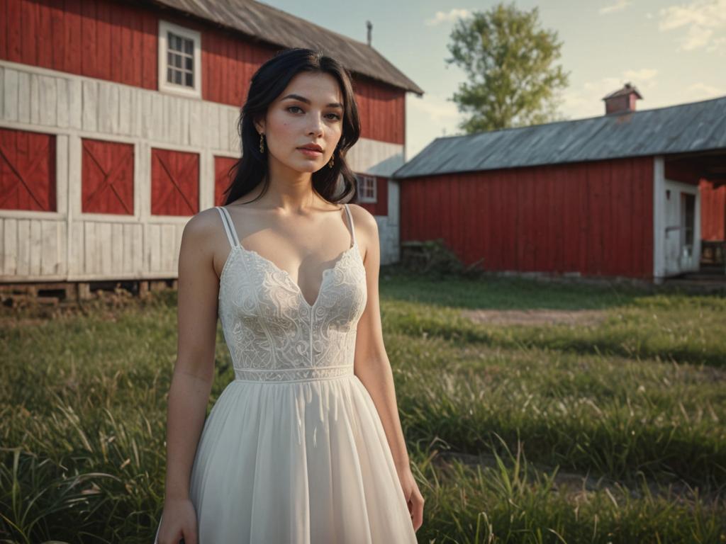 Young Woman in White Dress by Red Barn