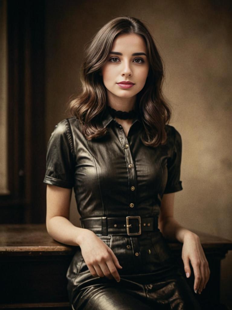 Confident Woman in Vintage Leather Dress