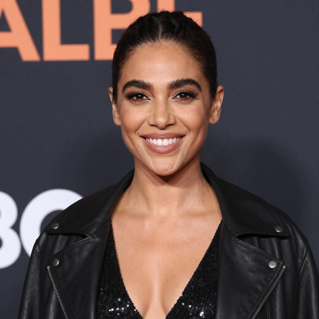 Confident Woman in Black Sequined Top and Leather Jacket at Event