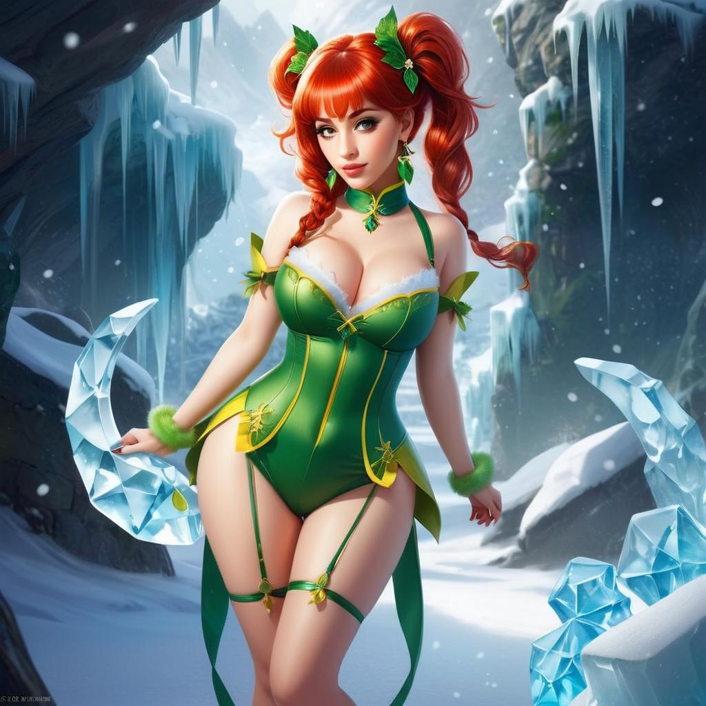 Fantasy Woman with Red Hair in Green Corset in Icy Cave