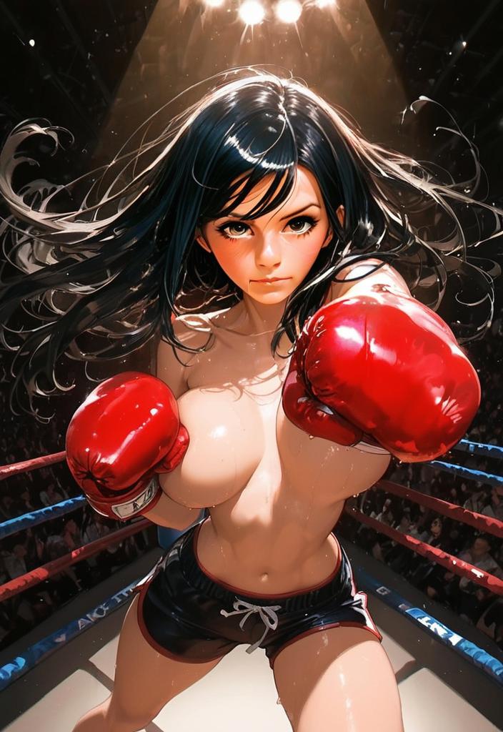 Anime Style Female Boxer in Red Gloves and Black Shorts in Boxing Ring