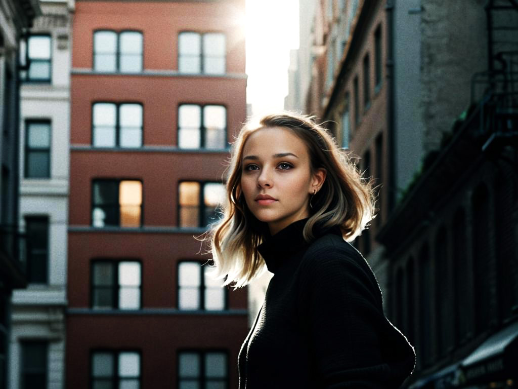 Young Woman in Urban Setting with Sunlight