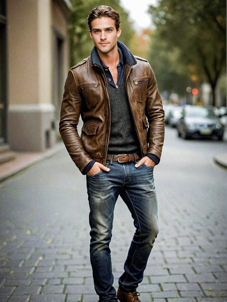 Stylish Man in Brown Leather Jacket - Urban Fall Fashion