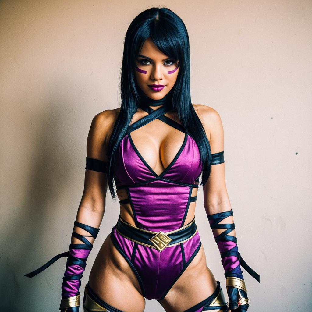 Fantasy Warrior Woman in Purple and Black Costume with Face Paint