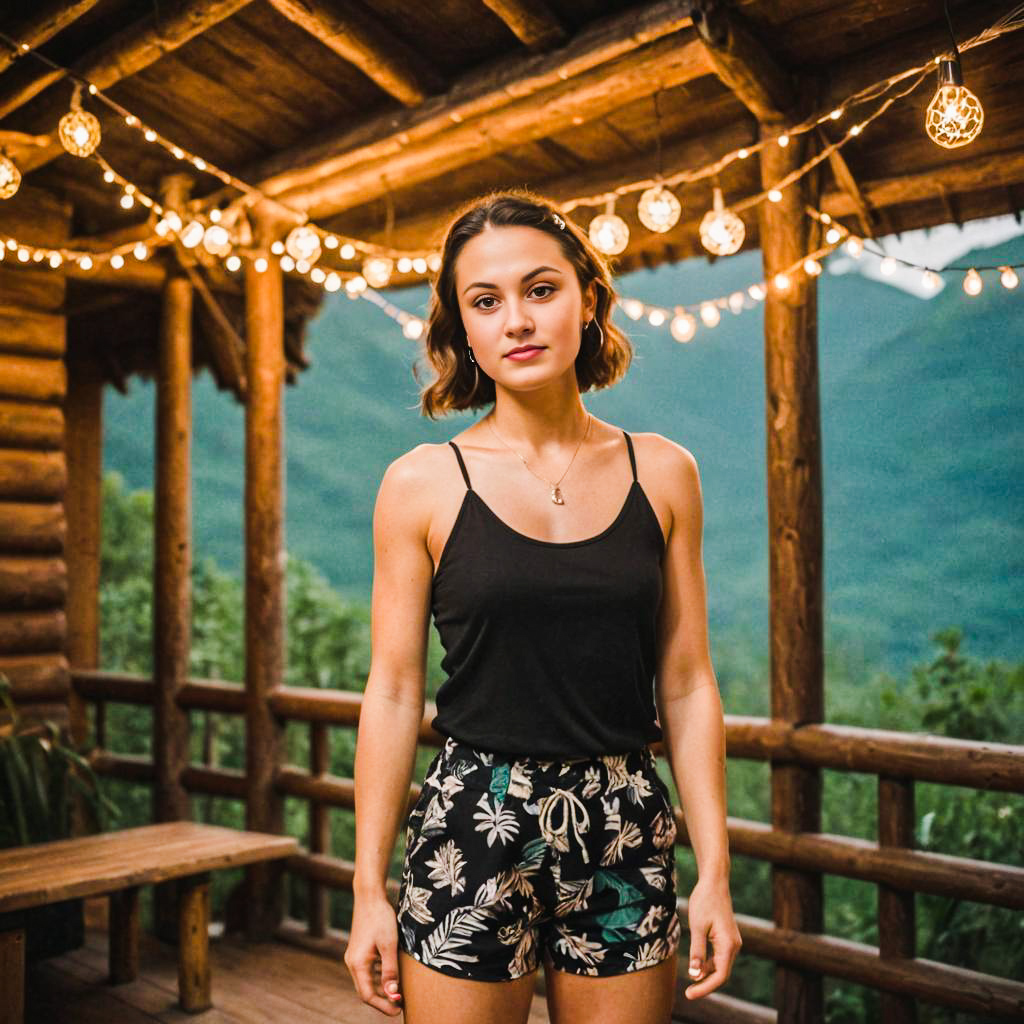 Confident Woman on Porch with String Lights