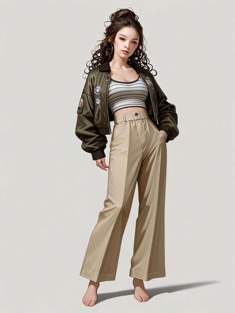 Realistic Full-Body Illustration of Woman in Casual Chic Black Bomber Jacket and Beige Pants