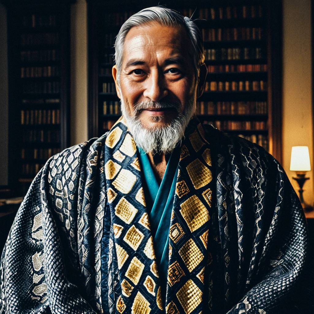 Elderly Man in Kimono in Library Elderly Man in Kimono in Library