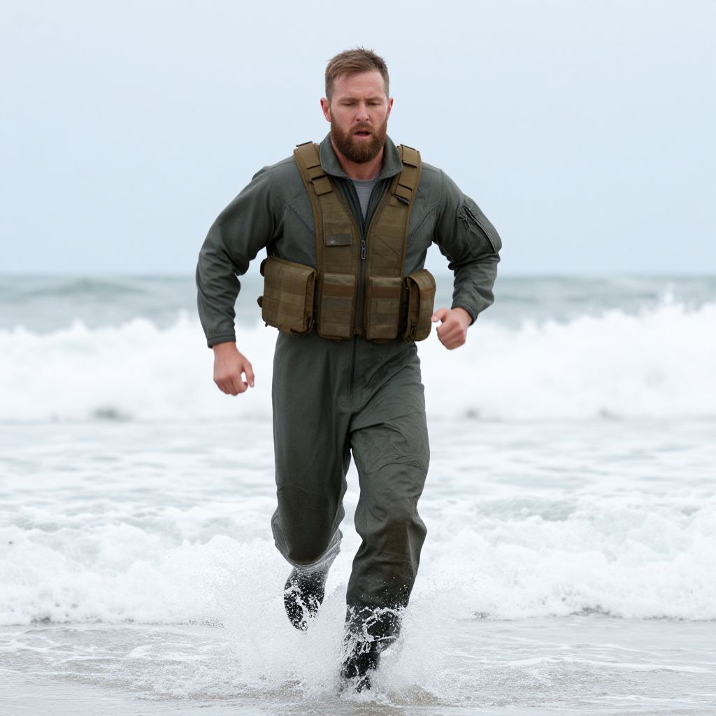 Man Running in Tactical Flight Suit Through Ocean Water