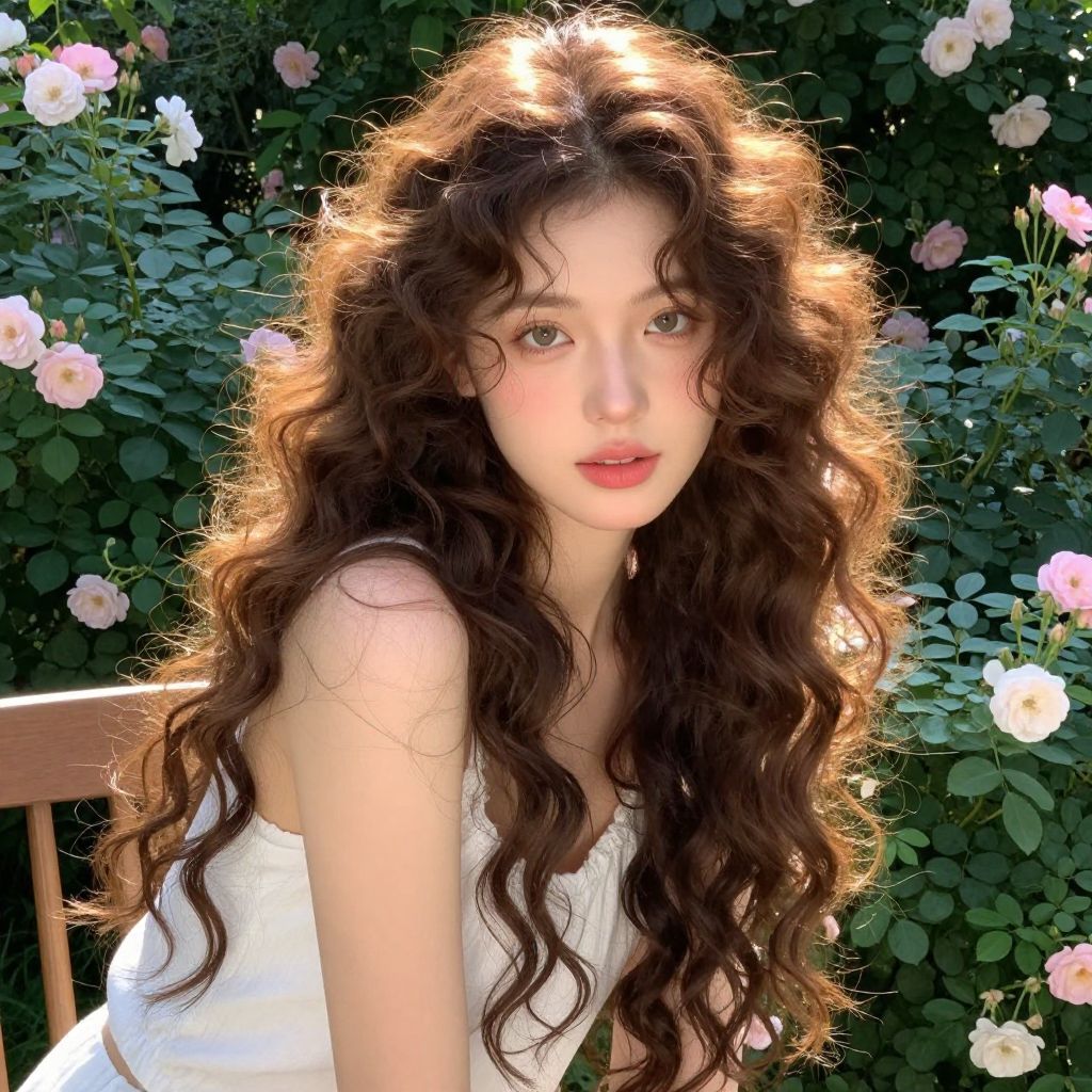 Young Woman with Curly Hair in Rose Garden Sunlight