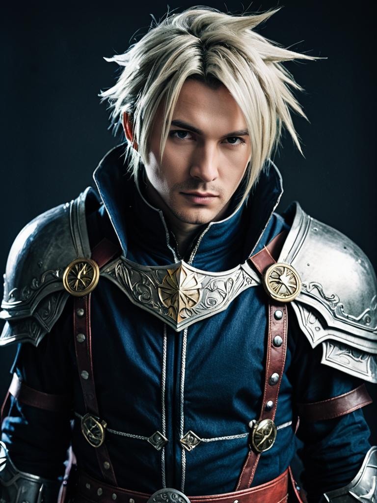 Photorealistic Final Fantasy Man Cosplay Portrait with Detailed Armor