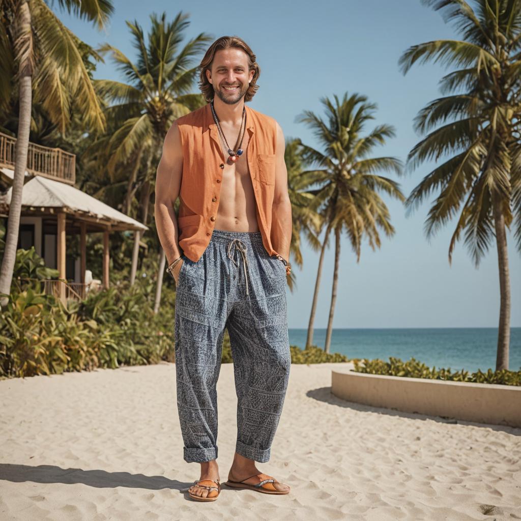 Man in Bohemian Attire on Tropical Beach