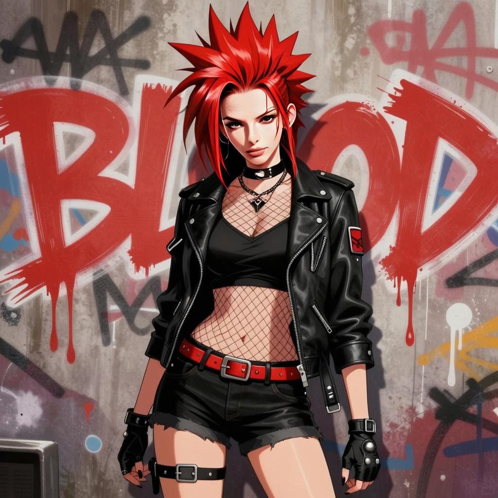 Punk Rock Woman with Red Spiked Hair and Leather Jacket Against Graffiti Wall