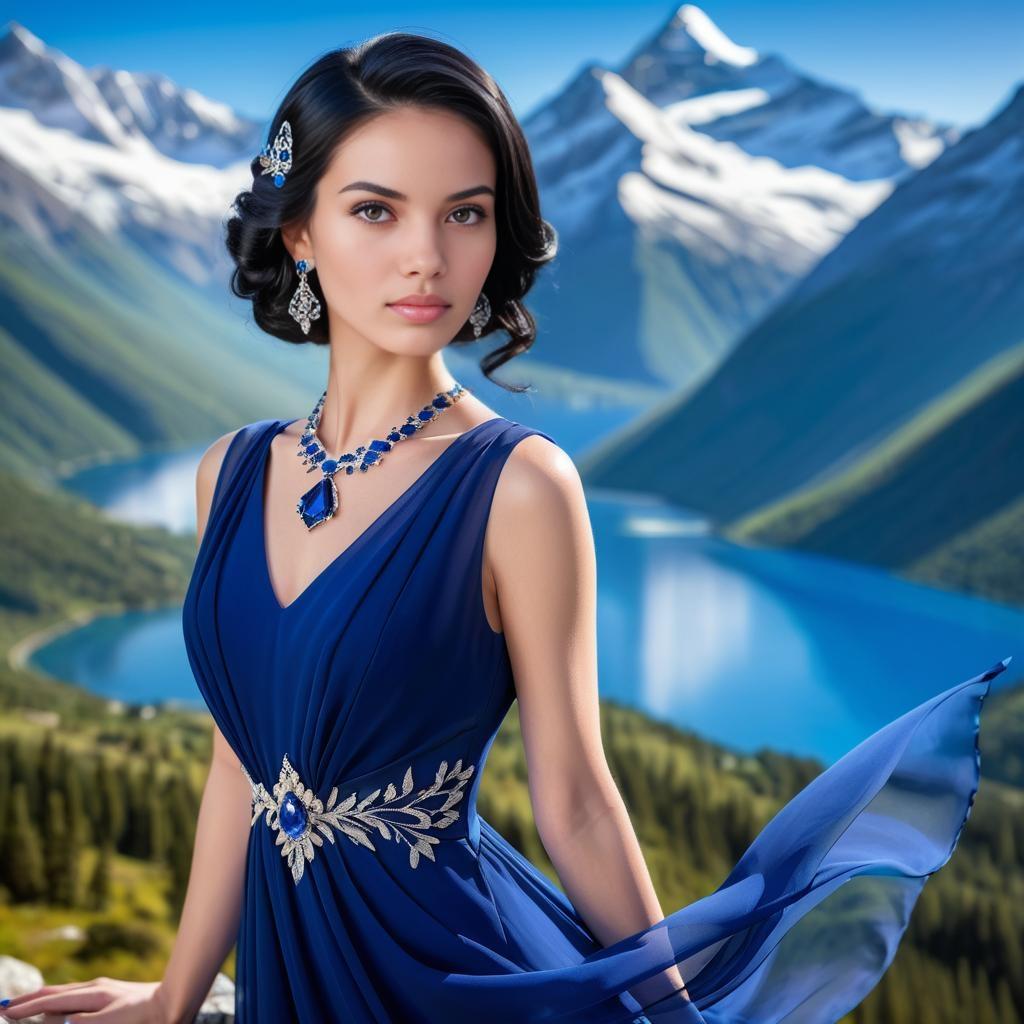 Elegant Woman in Royal Blue Gown by Snow-Capped Mountains