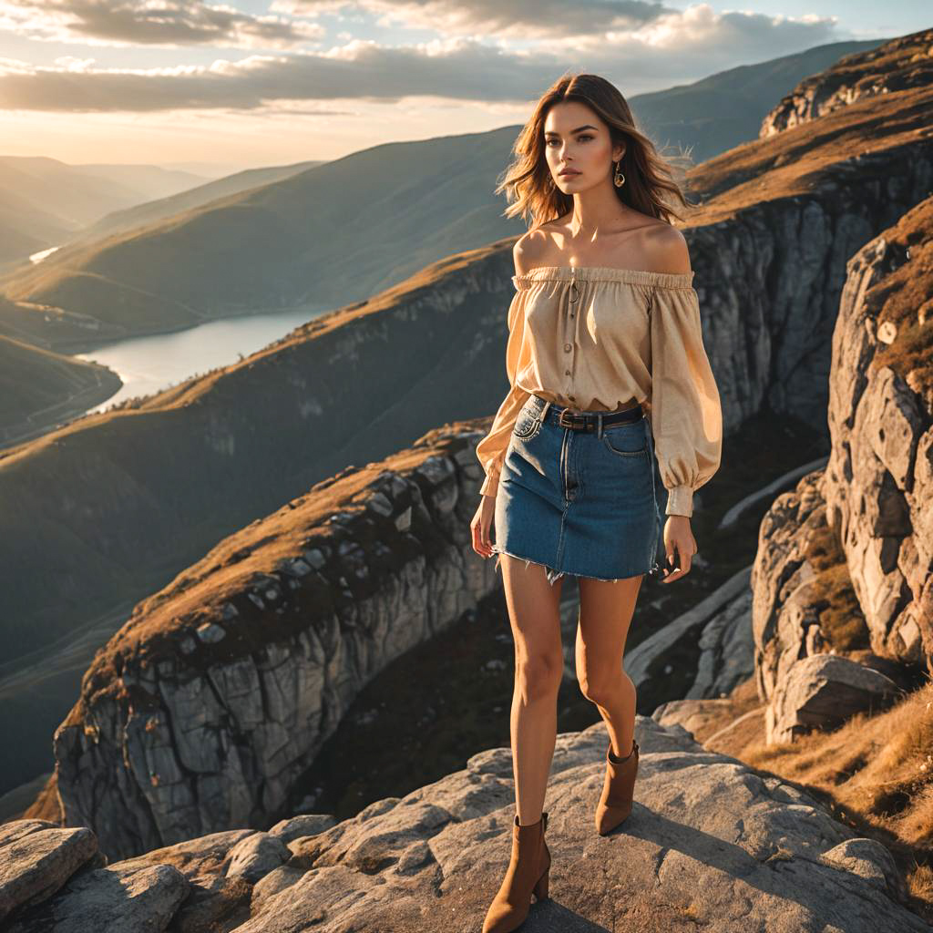 Woman in Off-Shoulder Blouse on Mountain Ridge