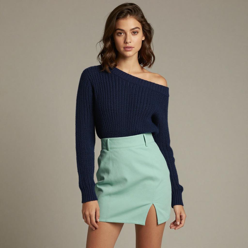 Modern Chic Woman Wearing Navy Blue Sweater and Mint Green Skirt