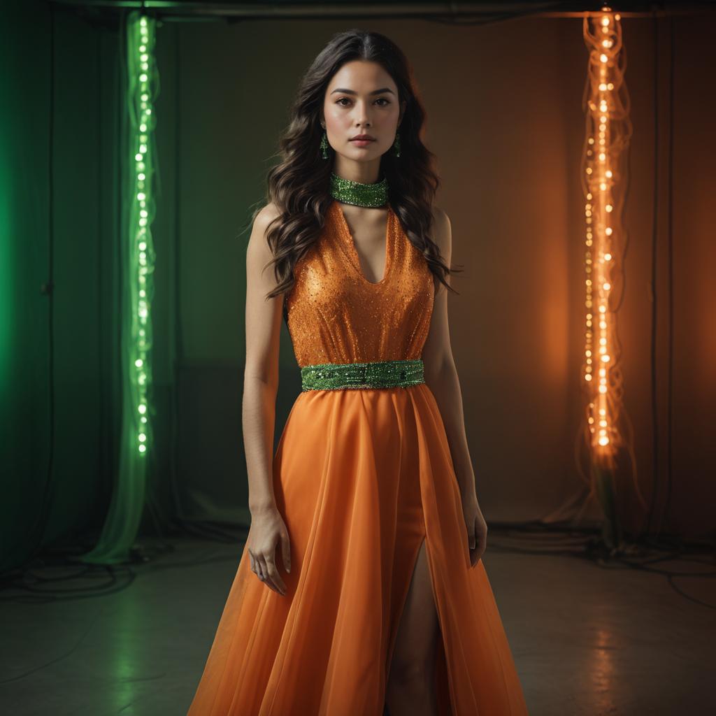 Woman in Elegant Orange Gown with Green Accents in Studio Portrait