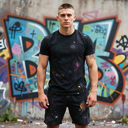 Confident Young Man Wearing Paint-Splattered Black Outfit Before Graffiti Wall