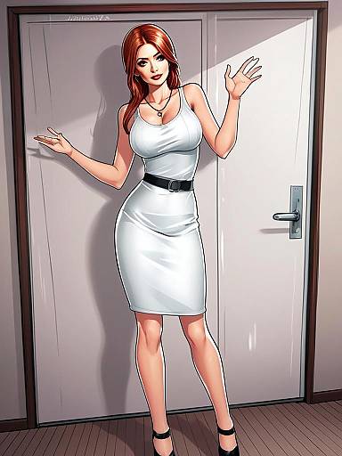 Confident Woman in White Dress Standing by Door Digital Illustration