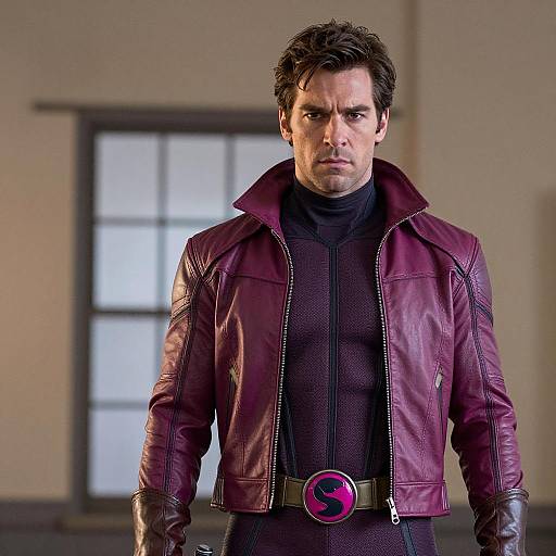 Man in Maroon Leather Jacket and Superhero Suit with Stylized S Belt