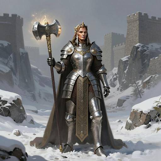 Medieval Woman Warrior in Shining Armor with Glowing Battle Axe in Snowy Castle Landscape