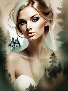 Ethereal Woman in Dreamy Landscape with Mystical Castle