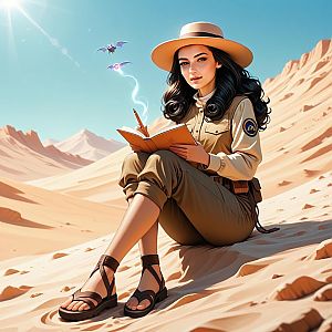 Explorer Woman Reading in Desert Dunes