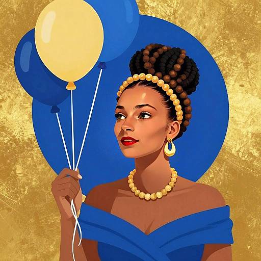 Elegant Woman with Braided Hair Holding Balloons in Blue and Gold Digital Art