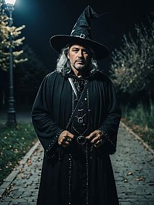 Modern Witch Costume Man Outdoor Night Portrait