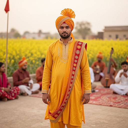 Man Wearing Traditional Orange Punjabi Attire with Turban in Outdoor Cultural Setting