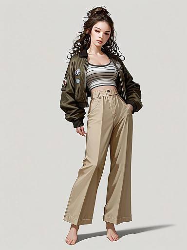 Realistic Full-Body Illustration of Woman in Casual Chic Black Bomber Jacket and Beige Pants