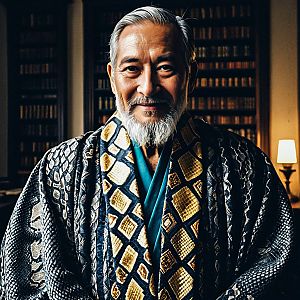 Elderly Man in Kimono in Library